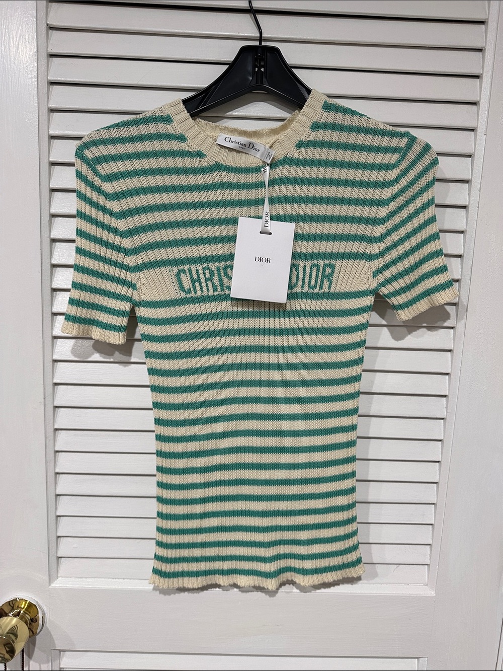 Dior Cream and Green Striped Ribbed Short-Sleeve Top
